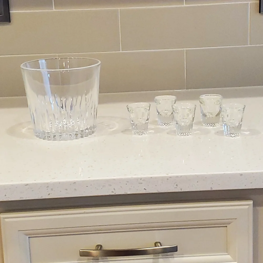 Vintage MCM, Ice Bucket + 5 Federal Glass Shotglasses, Fluted, EUC